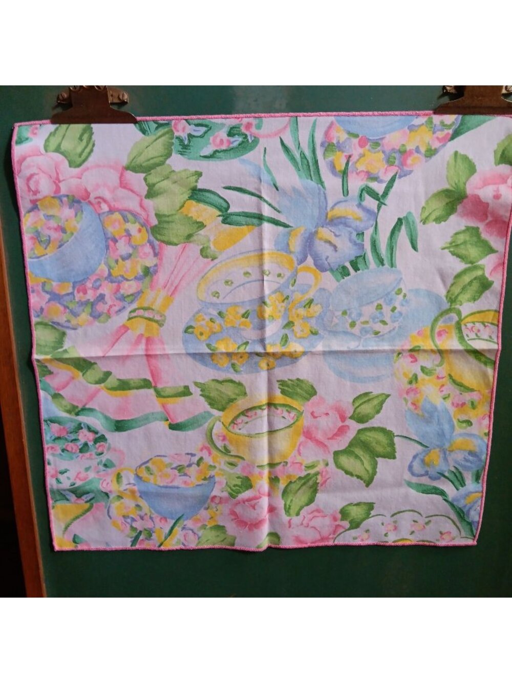 19x19" Vintage Floral Handkerchief Pastel Teacups & Flowers Design Cotton Square